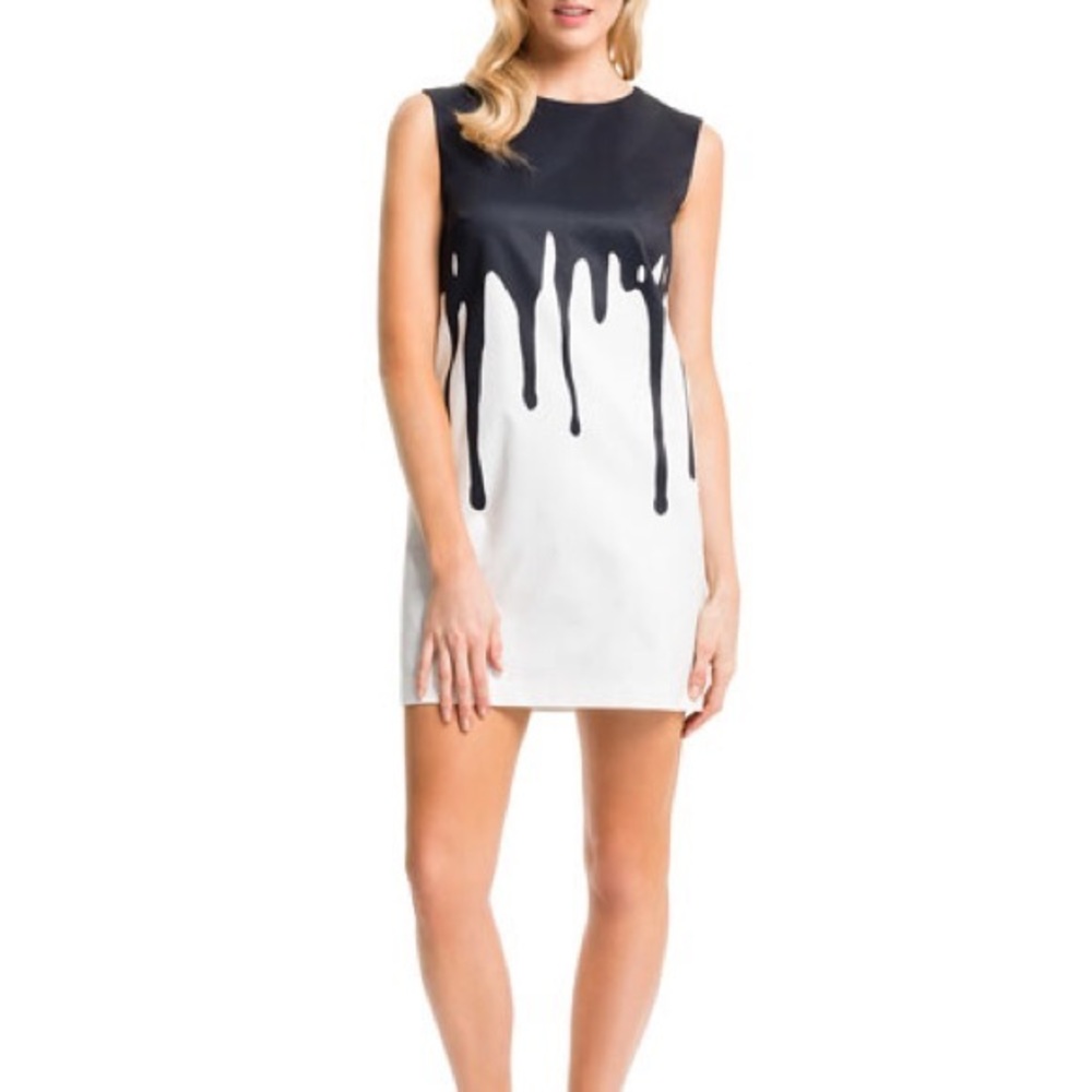 cynthia steffe sleeveless black and white paint drip dress